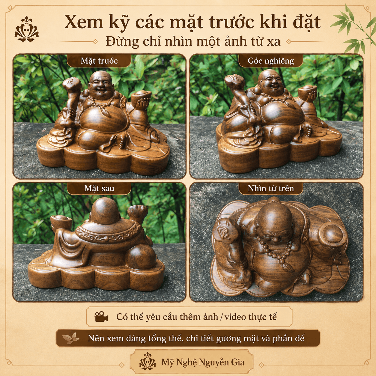 Tượng Di Lặc cầm gậy như ý gỗ Bách Xanh 15 × 9 × 9 cm