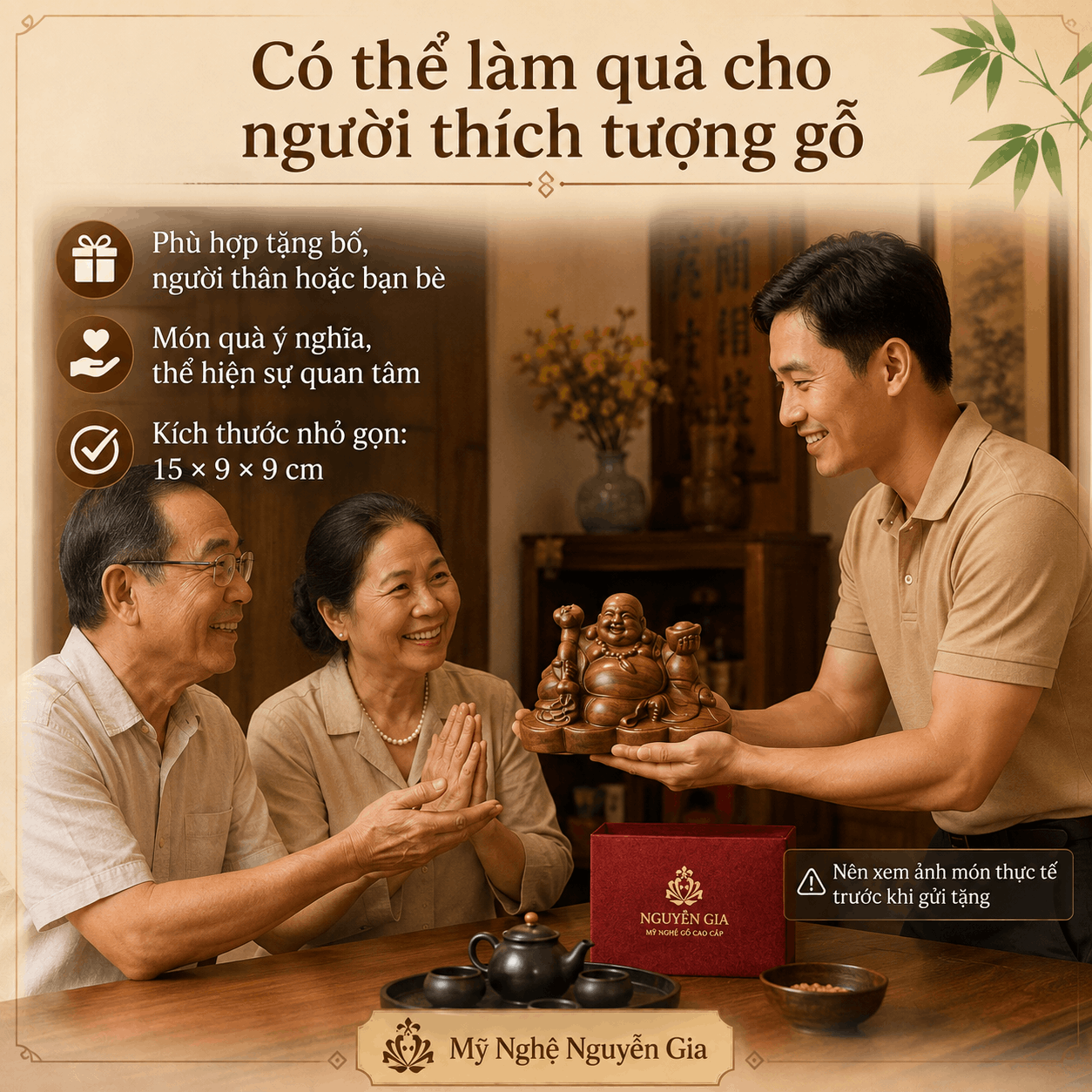 Tượng Di Lặc cầm gậy như ý gỗ Bách Xanh 15 × 9 × 9 cm