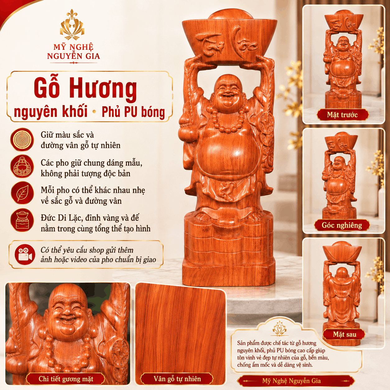 Tượng Di Lặc Dâng Vàng Tài Lộc Cao 50 cm Bằng Gỗ Hương