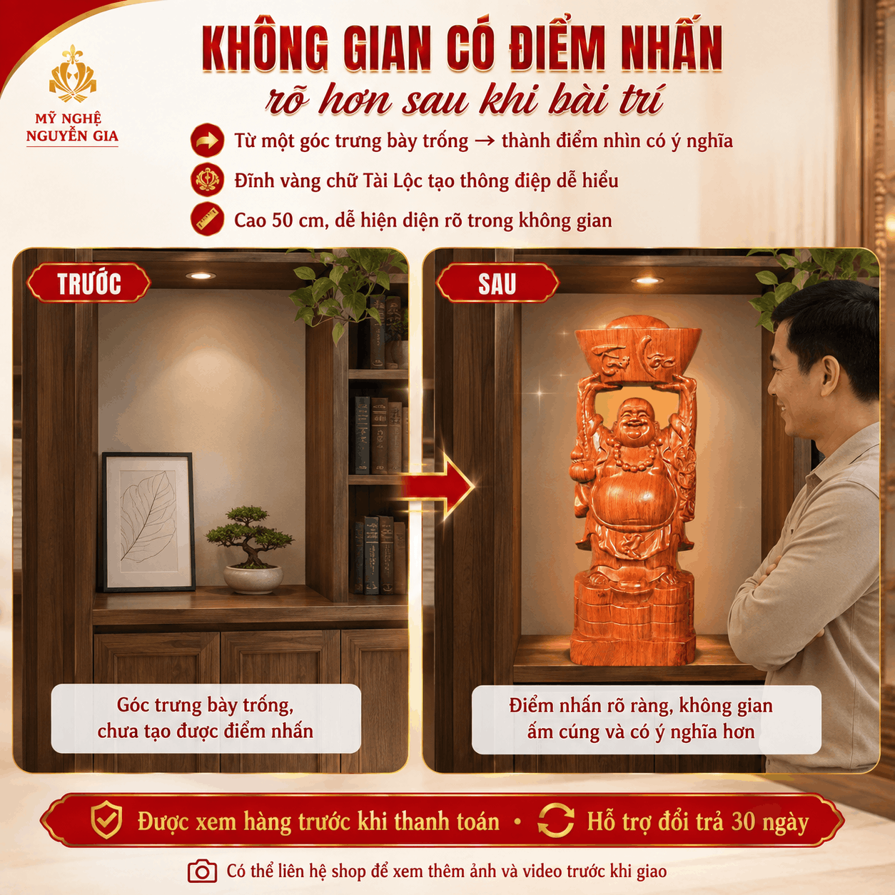 Tượng Di Lặc Dâng Vàng Tài Lộc Cao 50 cm Bằng Gỗ Hương