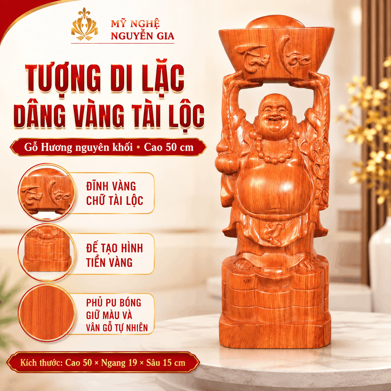 Tượng Di Lặc Dâng Vàng Tài Lộc Cao 50 cm Bằng Gỗ Hương