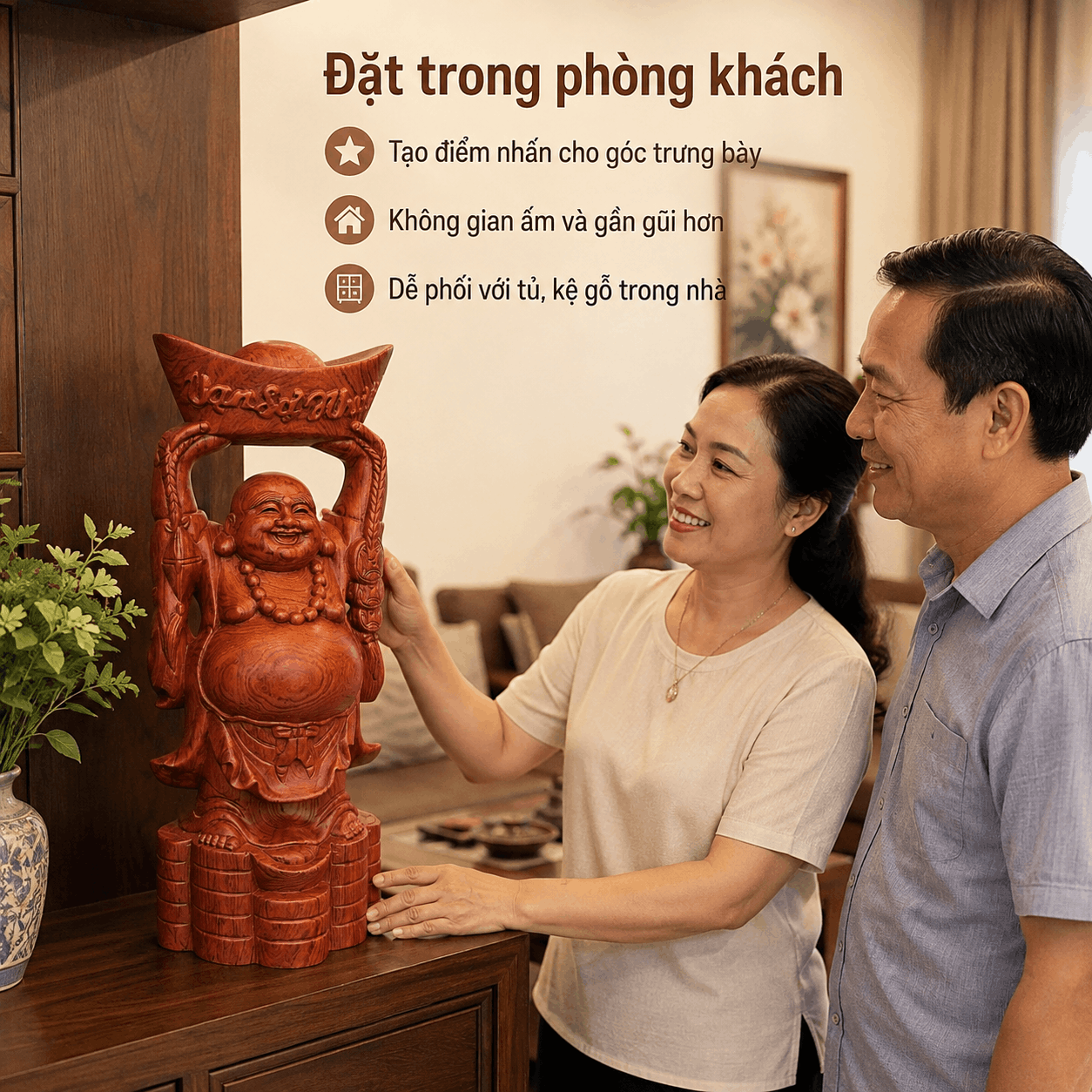 Tượng Phật Di Lặc Dâng Vàng Vạn Sự Như Ý Cao 50 cm Bằng Gỗ Hương