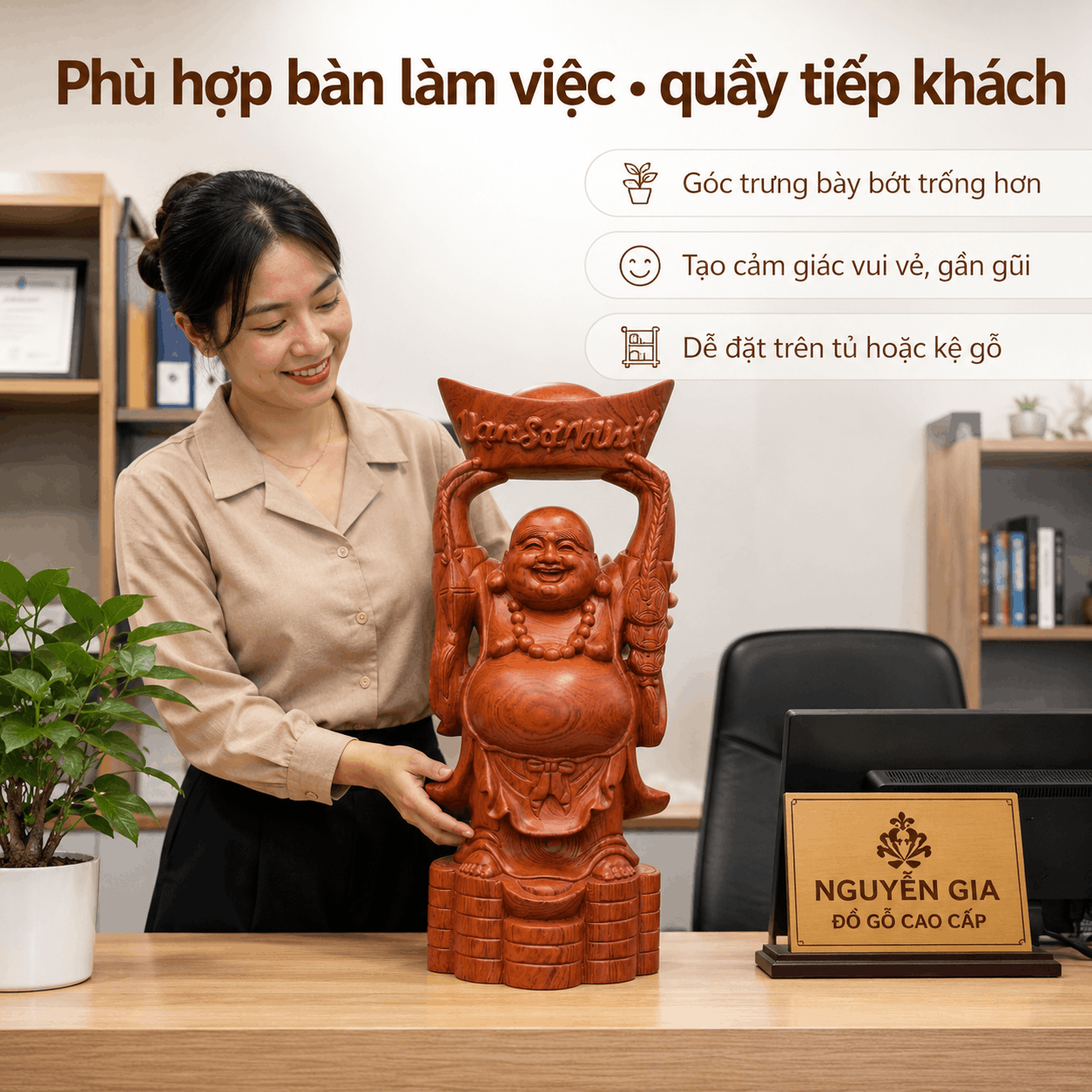 Tượng Phật Di Lặc Dâng Vàng Vạn Sự Như Ý Cao 50 cm Bằng Gỗ Hương
