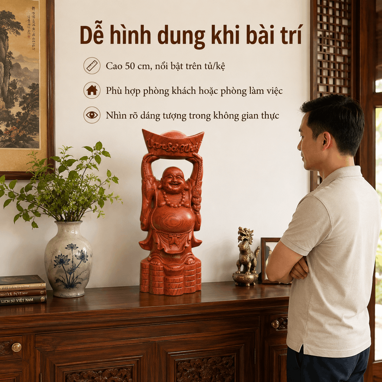 Tượng Phật Di Lặc Dâng Vàng Vạn Sự Như Ý Cao 50 cm Bằng Gỗ Hương