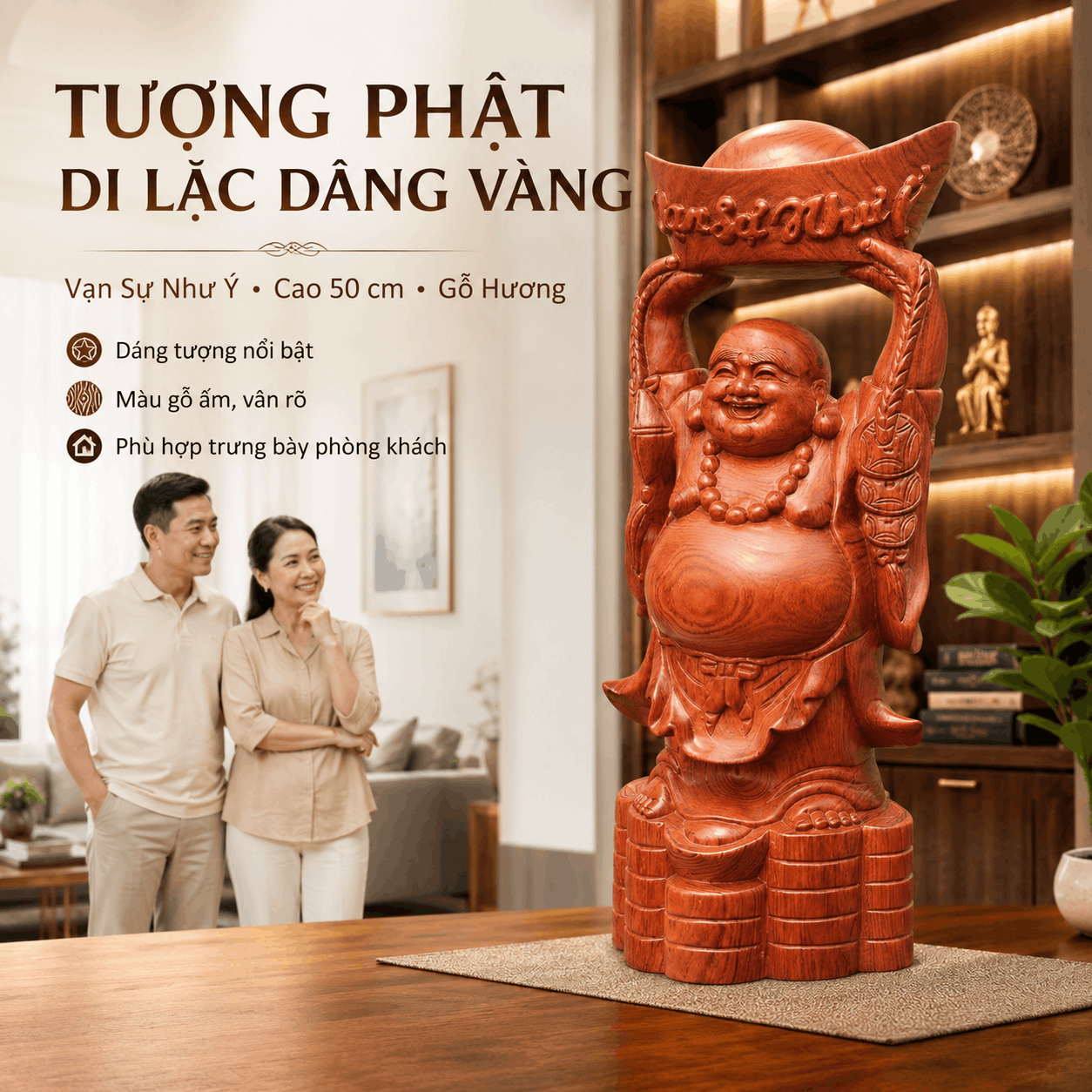 Tượng Phật Di Lặc Dâng Vàng Vạn Sự Như Ý Cao 50 cm Bằng Gỗ Hương