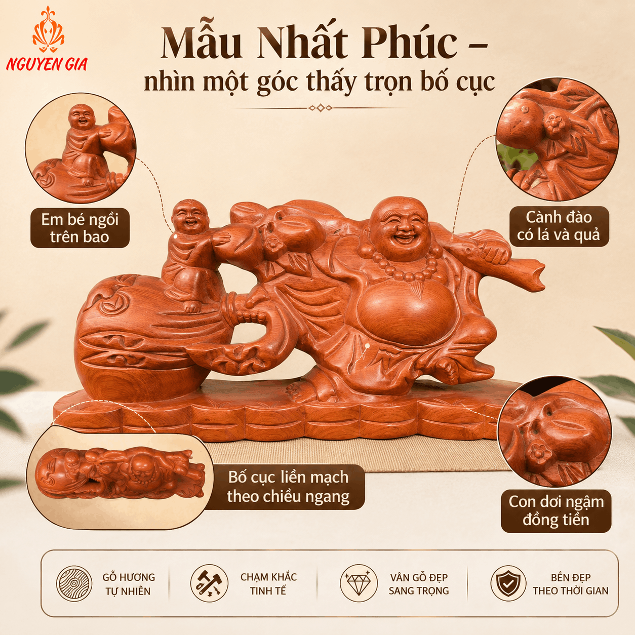 Tượng Di Lặc Kéo Bao Tiền Nhất Phúc Gỗ Hương Ngang 40 cm