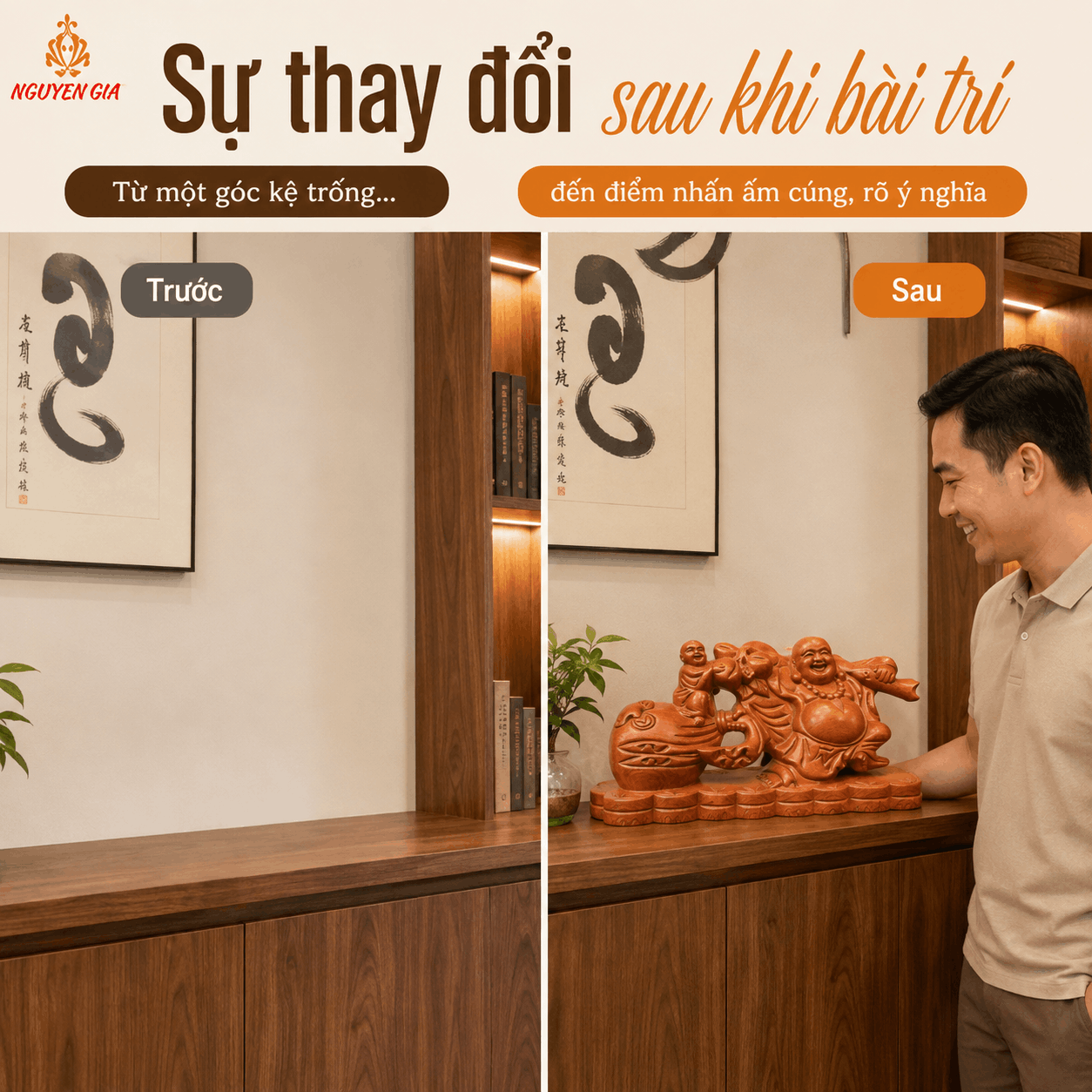 Tượng Di Lặc Kéo Bao Tiền Nhất Phúc Gỗ Hương Ngang 40 cm