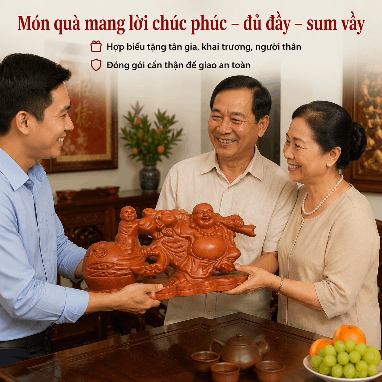 Tượng Di Lặc Kéo Bao Tiền Nhất Phúc Gỗ Hương Ngang 40 cm