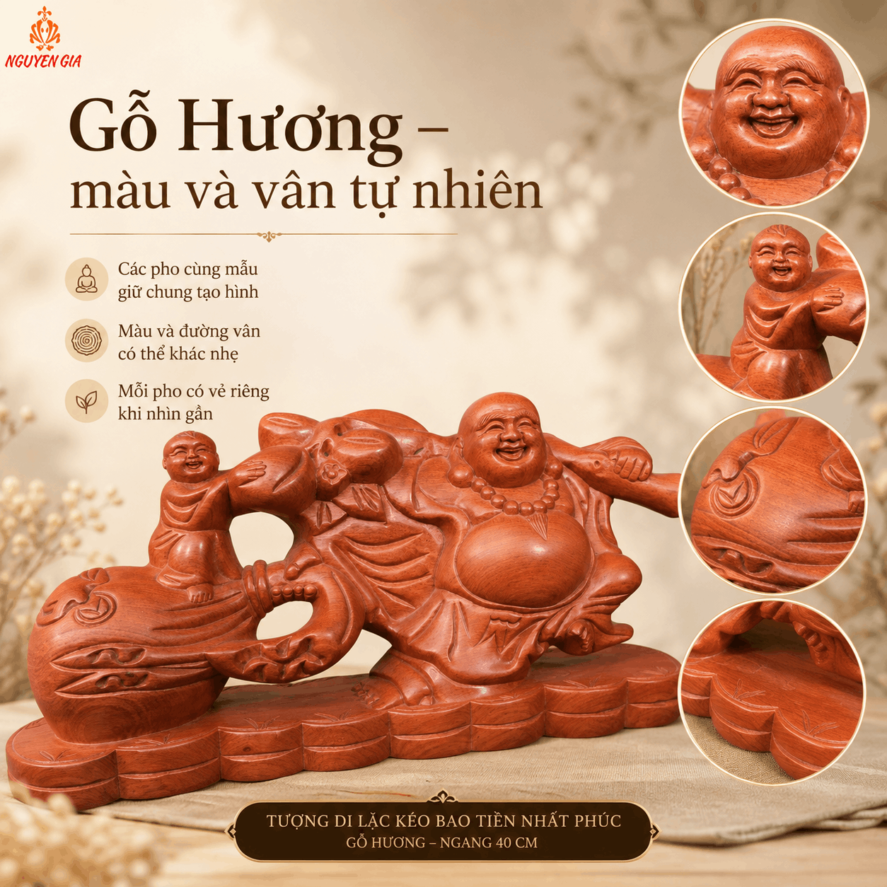 Tượng Di Lặc Kéo Bao Tiền Nhất Phúc Gỗ Hương Ngang 40 cm