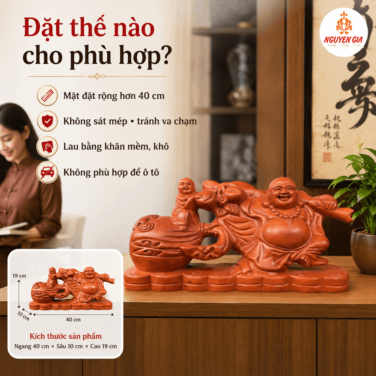 Tượng Di Lặc Kéo Bao Tiền Nhất Phúc Gỗ Hương Ngang 40 cm