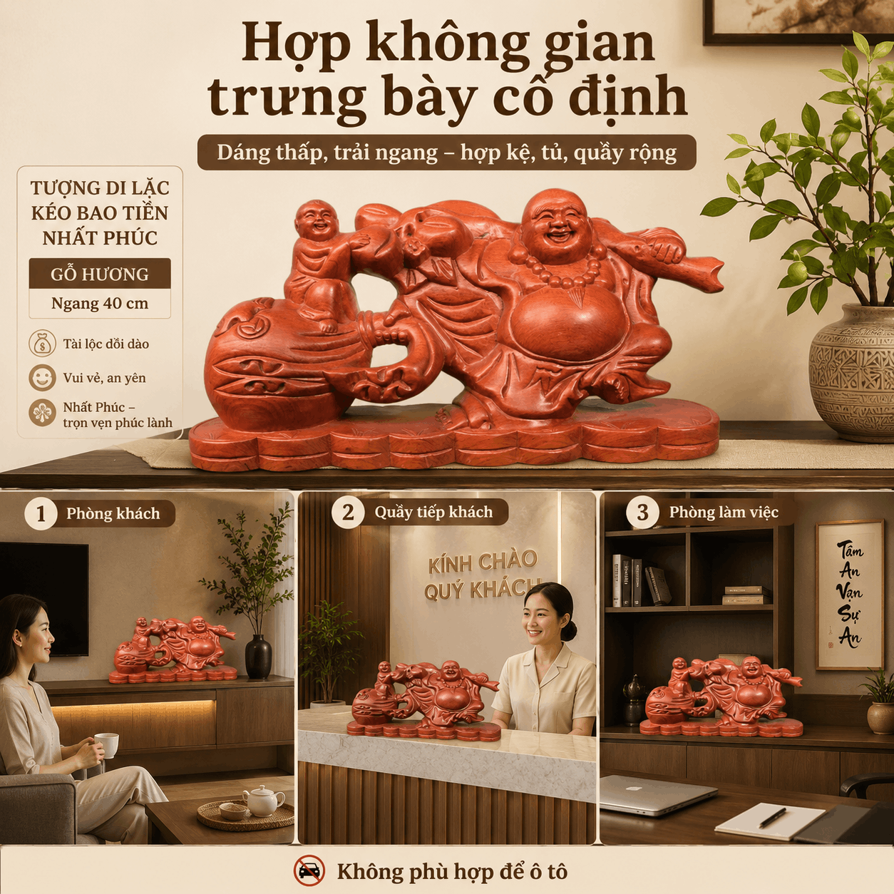 Tượng Di Lặc Kéo Bao Tiền Nhất Phúc Gỗ Hương Ngang 40 cm