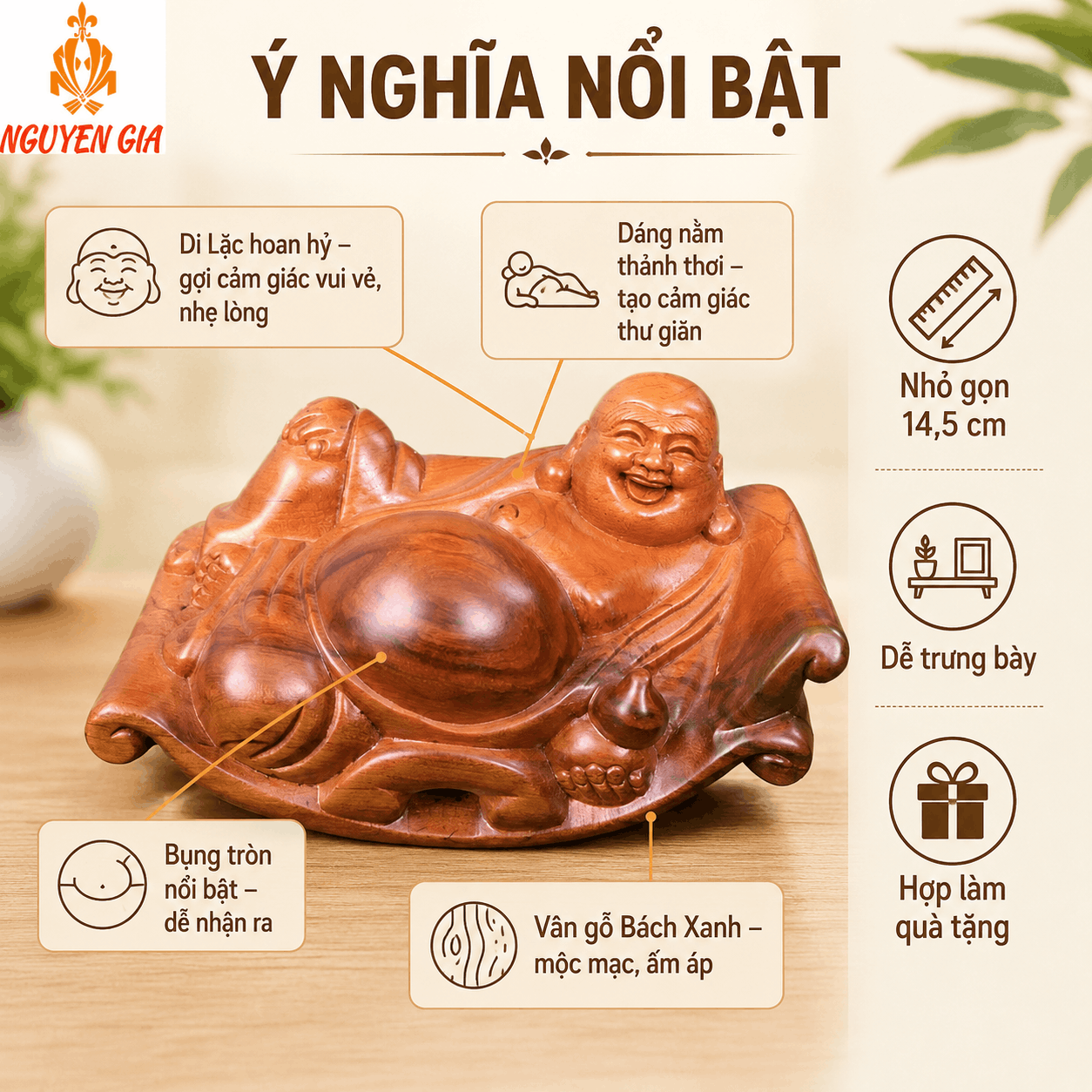 Tượng Di Lặc Nằm Thảnh Thơi Gỗ Bách Xanh Dài 14,5 cm