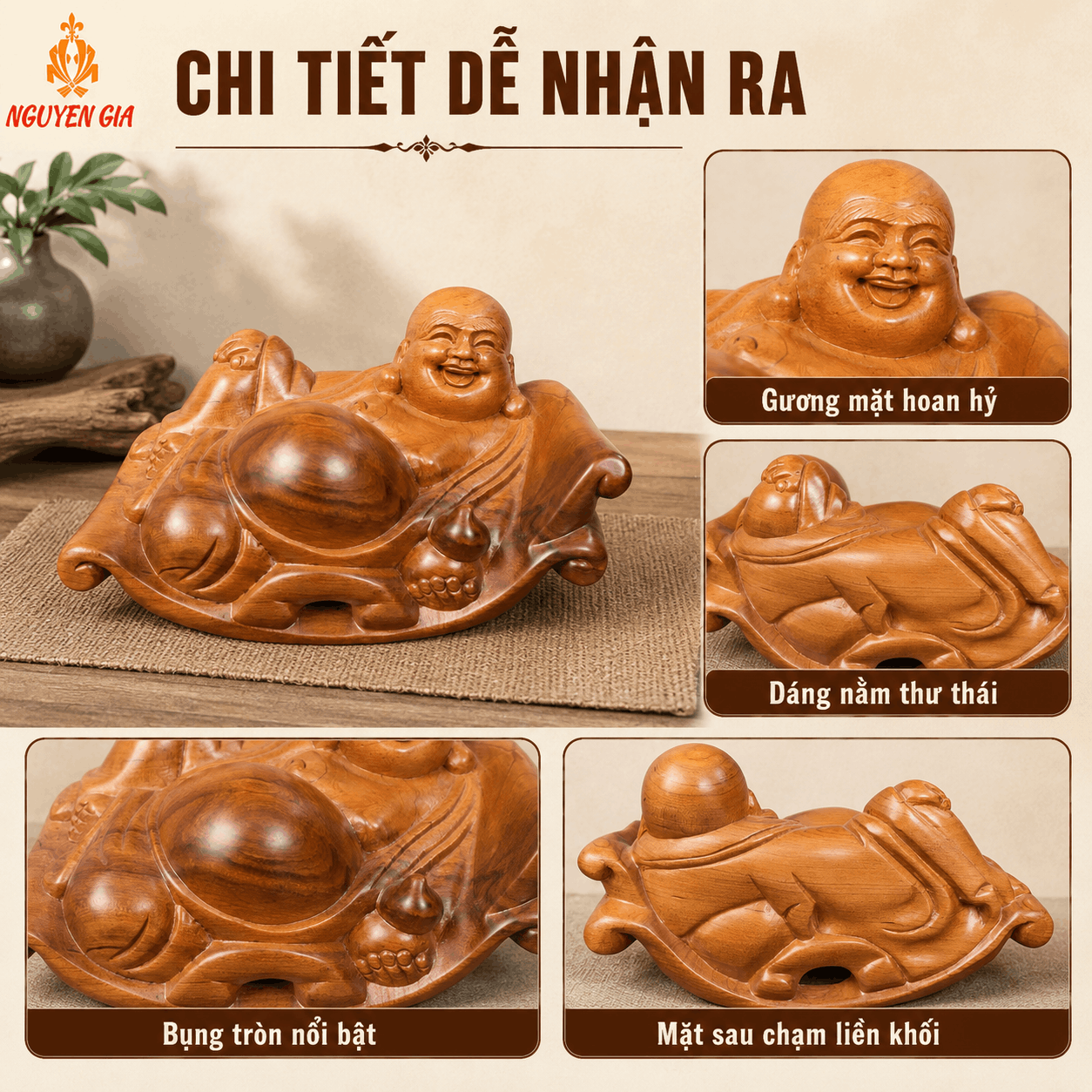Tượng Di Lặc Nằm Thảnh Thơi Gỗ Bách Xanh Dài 14,5 cm