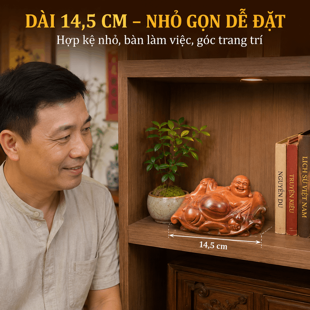 Tượng Di Lặc Nằm Thảnh Thơi Gỗ Bách Xanh Dài 14,5 cm