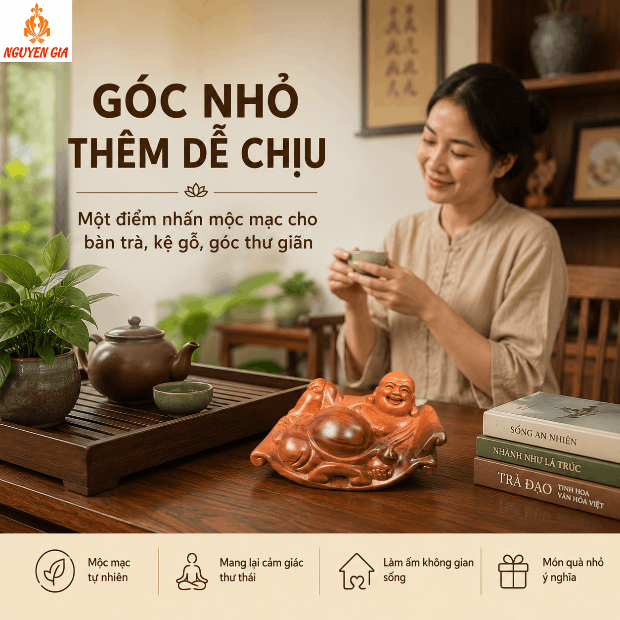 Tượng Di Lặc Nằm Thảnh Thơi Gỗ Bách Xanh Dài 14,5 cm