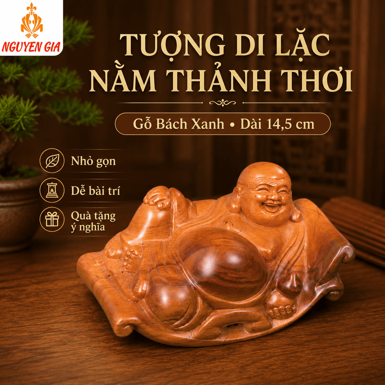 Tượng Di Lặc Nằm Thảnh Thơi Gỗ Bách Xanh Dài 14,5 cm