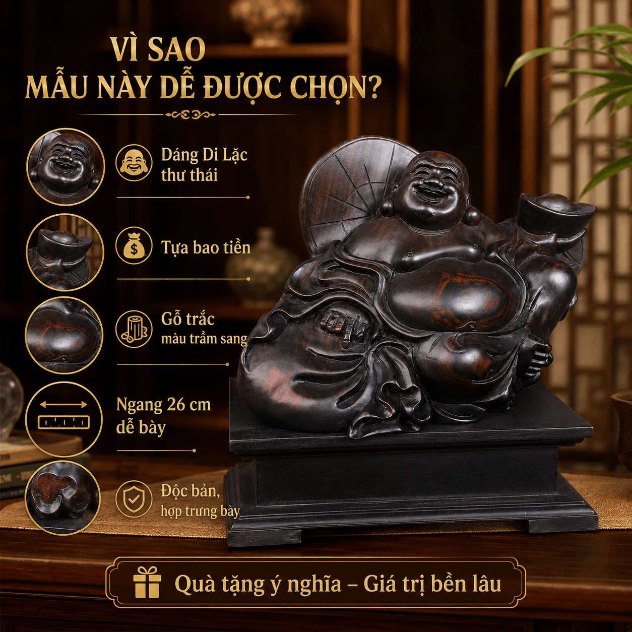 Tượng Di Lặc Tựa Bao Tiền Gỗ Trắc Độc Bản Ngang 26 cm