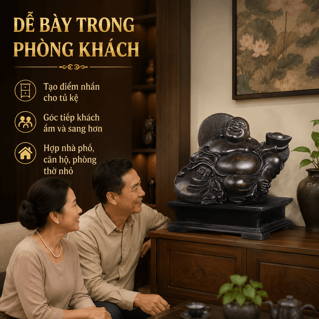 Tượng Di Lặc Tựa Bao Tiền Gỗ Trắc Độc Bản Ngang 26 cm