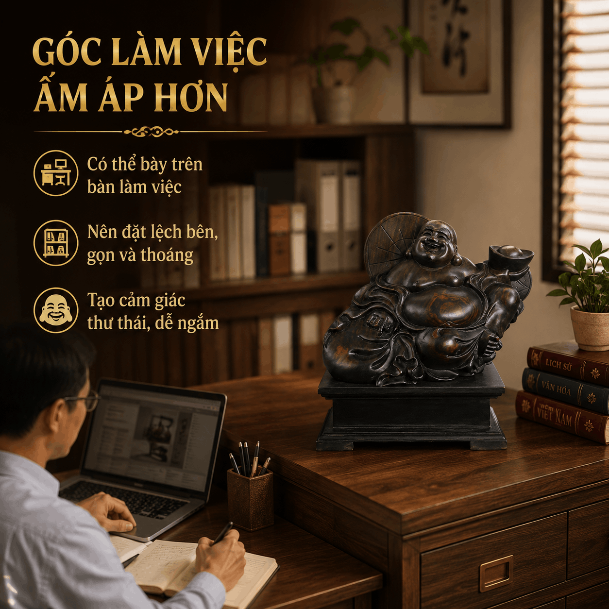Tượng Di Lặc Tựa Bao Tiền Gỗ Trắc Độc Bản Ngang 26 cm