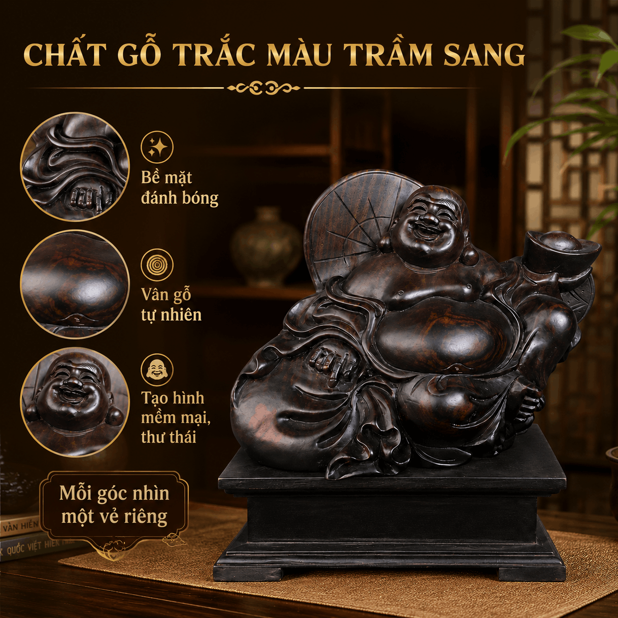 Tượng Di Lặc Tựa Bao Tiền Gỗ Trắc Độc Bản Ngang 26 cm