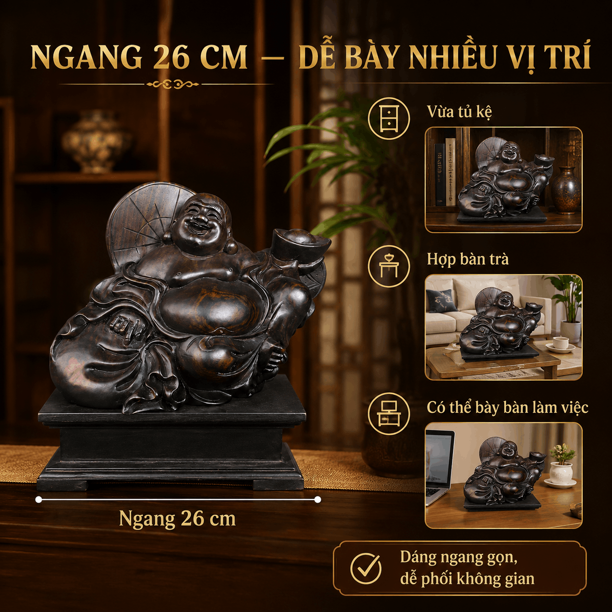Tượng Di Lặc Tựa Bao Tiền Gỗ Trắc Độc Bản Ngang 26 cm