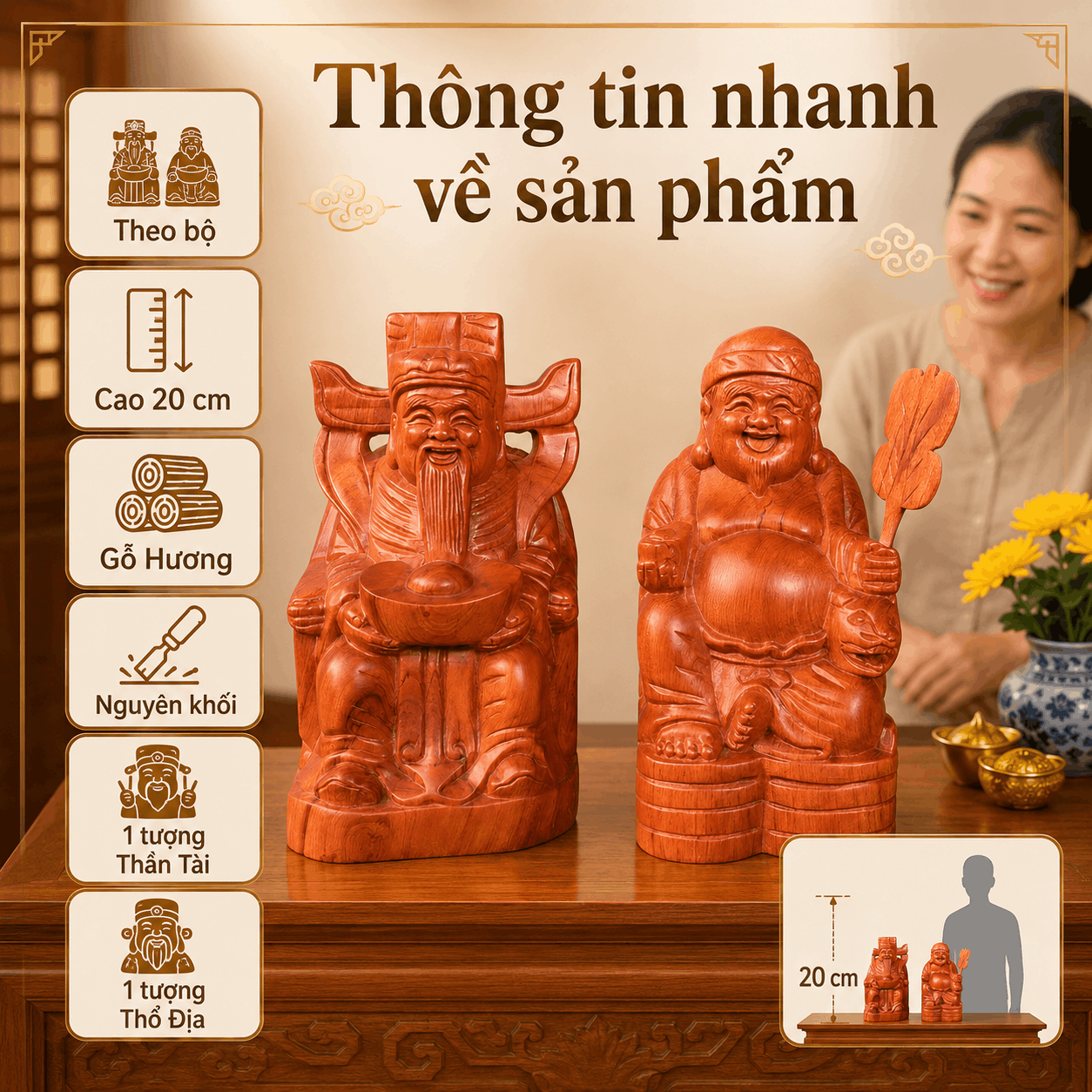 Bộ Tượng Thần Tài Thổ Địa Gỗ Hương Nguyên Khối Cao 20 cm