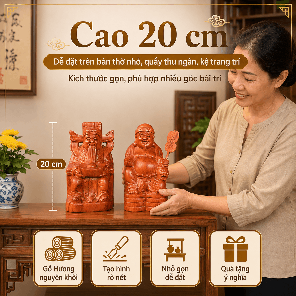 Bộ Tượng Thần Tài Thổ Địa Gỗ Hương Nguyên Khối Cao 20 cm
