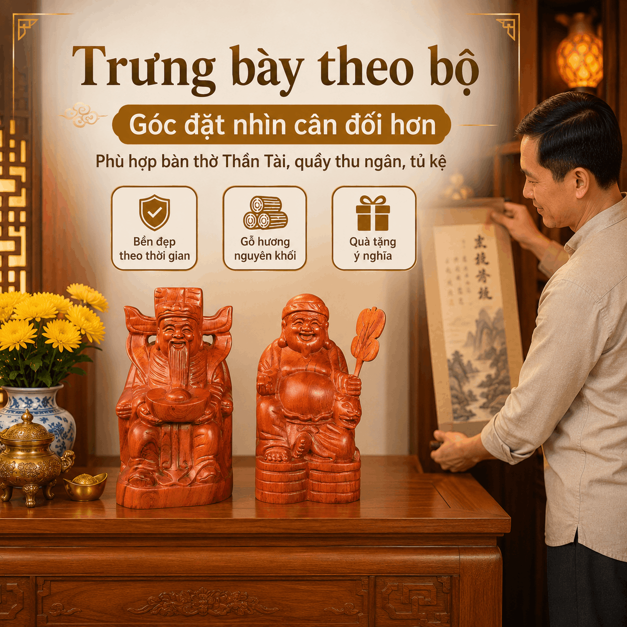 Bộ Tượng Thần Tài Thổ Địa Gỗ Hương Nguyên Khối Cao 20 cm