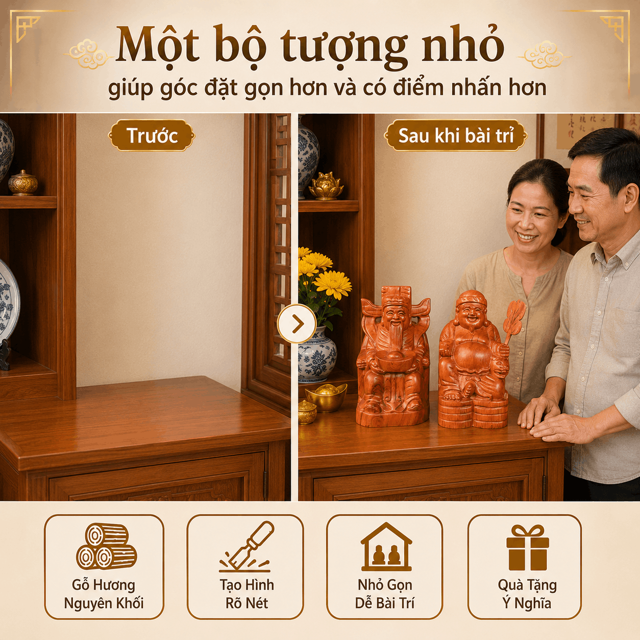 Bộ Tượng Thần Tài Thổ Địa Gỗ Hương Nguyên Khối Cao 20 cm