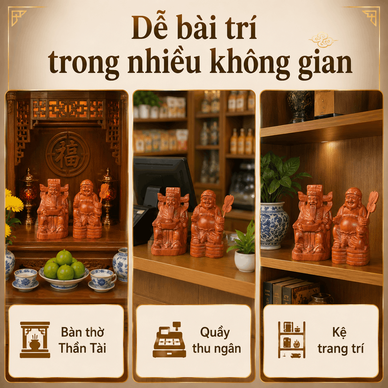 Bộ Tượng Thần Tài Thổ Địa Gỗ Hương Nguyên Khối Cao 20 cm