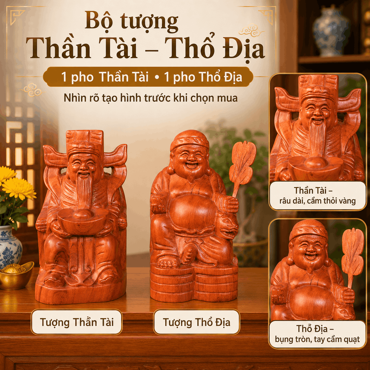 Bộ Tượng Thần Tài Thổ Địa Gỗ Hương Nguyên Khối Cao 20 cm