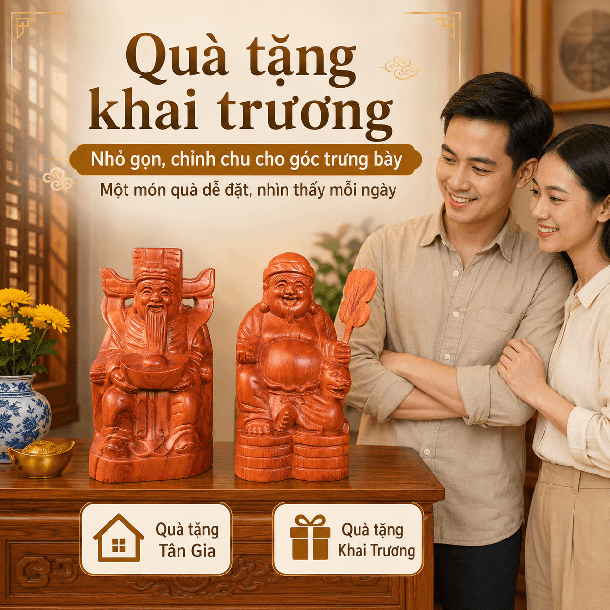 Bộ Tượng Thần Tài Thổ Địa Gỗ Hương Nguyên Khối Cao 20 cm