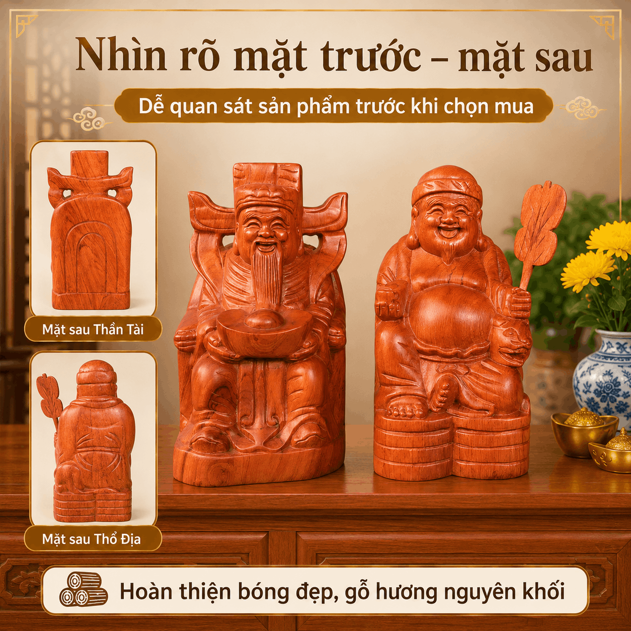 Bộ Tượng Thần Tài Thổ Địa Gỗ Hương Nguyên Khối Cao 20 cm