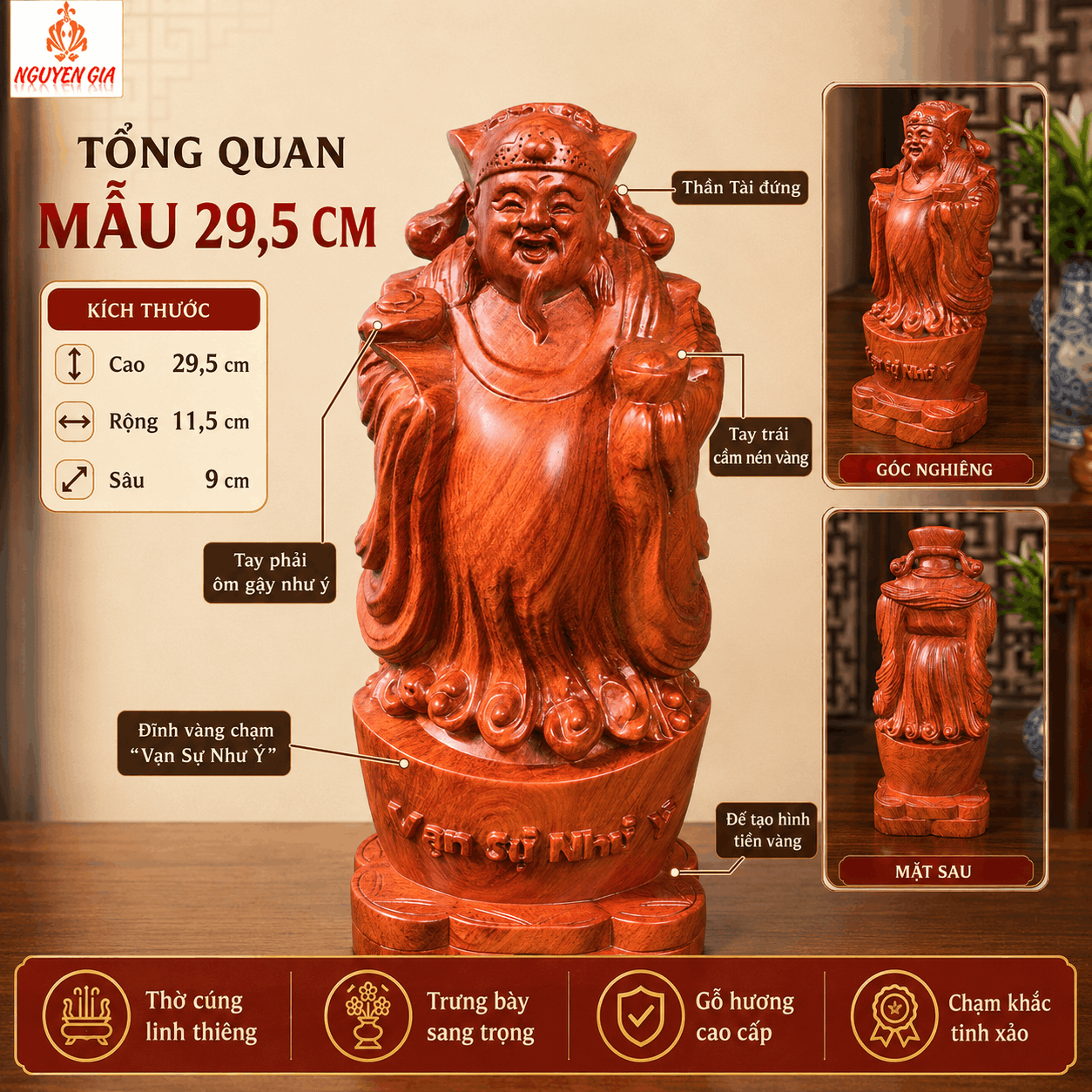 Tượng Thần Tài Gỗ Hương Nguyên Khối Cao 29,5 cm