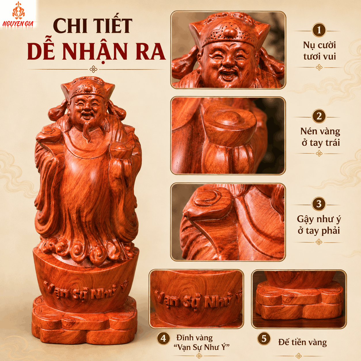 Tượng Thần Tài Gỗ Hương Nguyên Khối Cao 29,5 cm