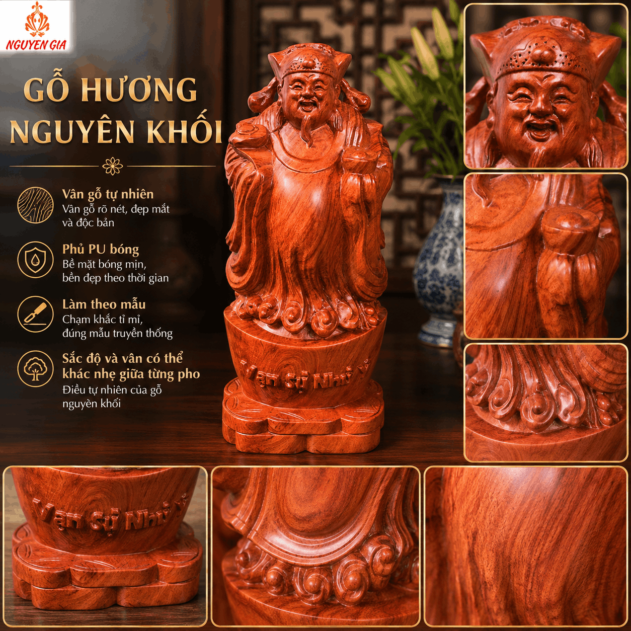 Tượng Thần Tài Gỗ Hương Nguyên Khối Cao 29,5 cm