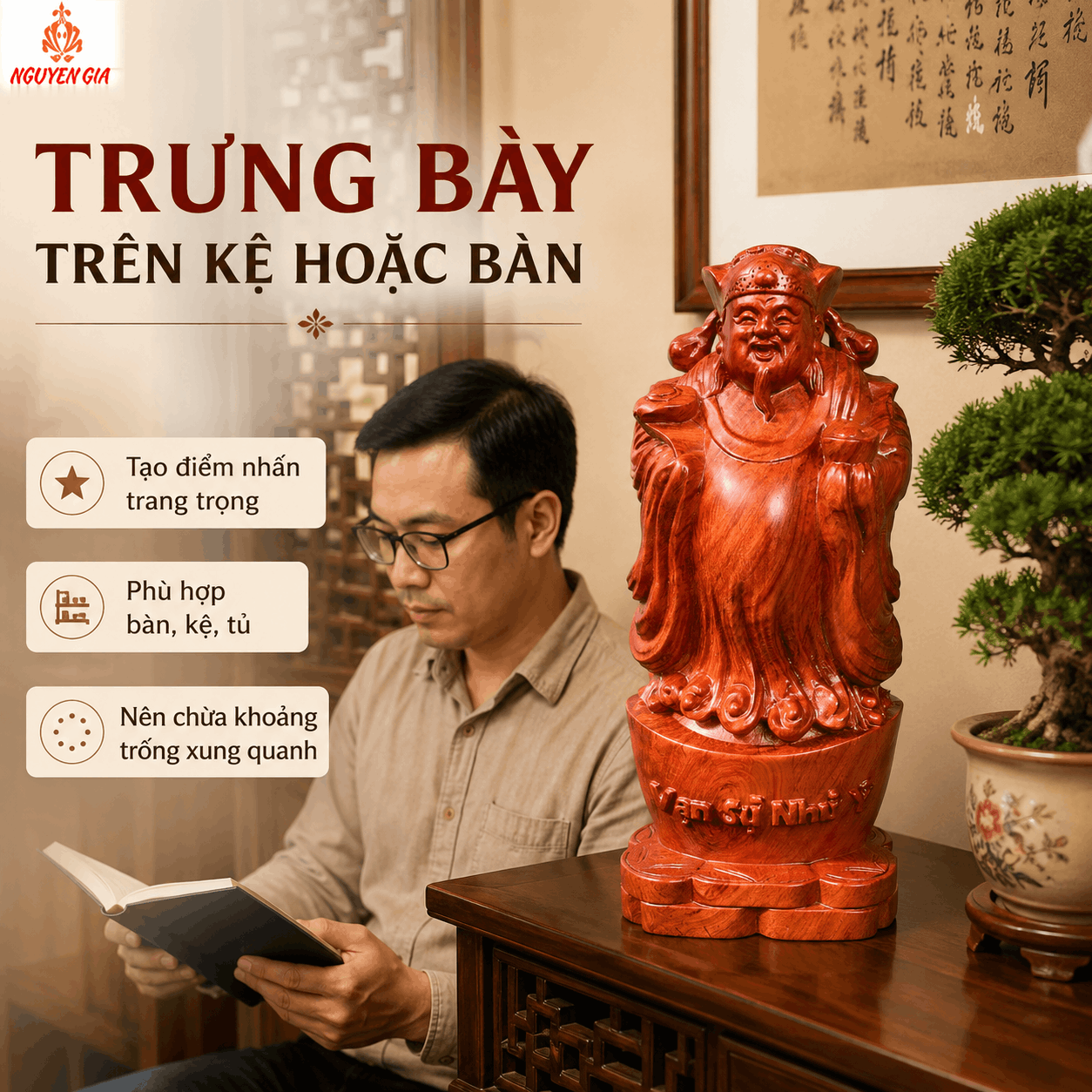 Tượng Thần Tài Gỗ Hương Nguyên Khối Cao 29,5 cm