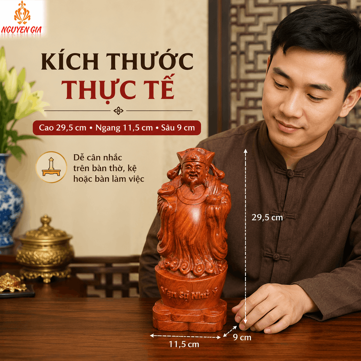 Tượng Thần Tài Gỗ Hương Nguyên Khối Cao 29,5 cm
