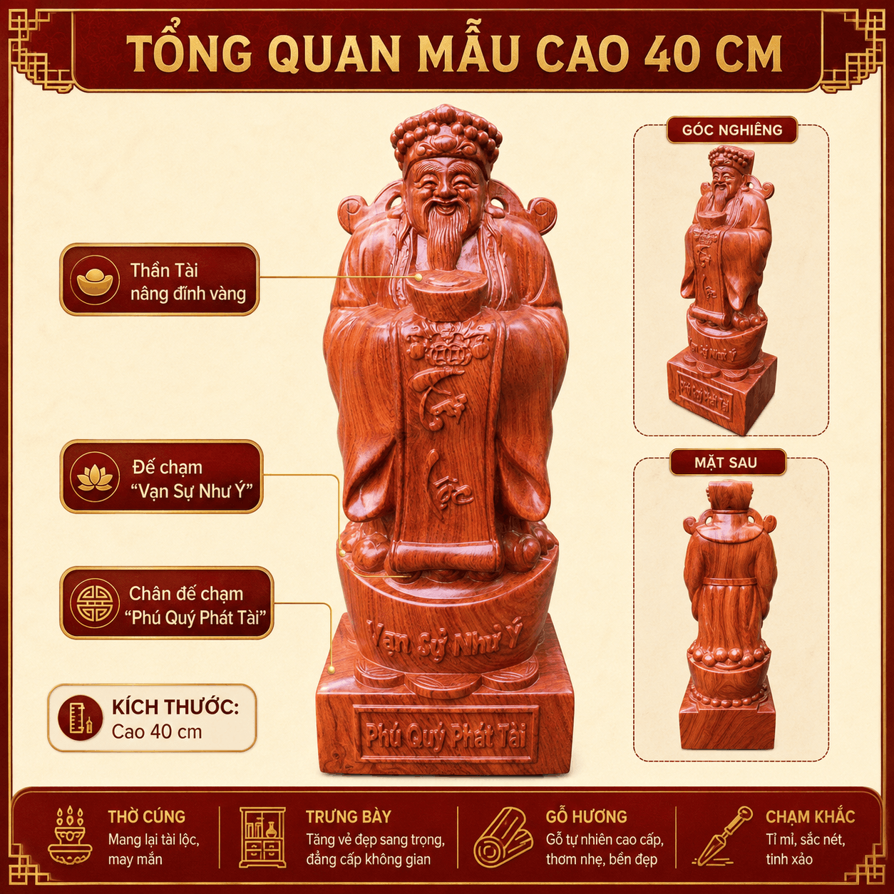 Tượng Thần Tài Gỗ Hương Nguyên Khối Cao 40 cm – Nâng Đĩnh Vàng