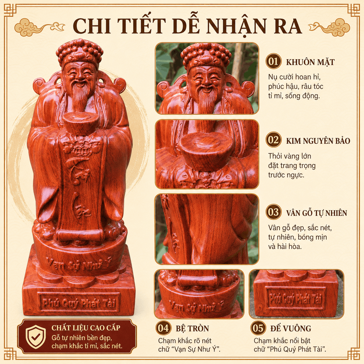 Tượng Thần Tài Gỗ Hương Nguyên Khối Cao 40 cm – Nâng Đĩnh Vàng