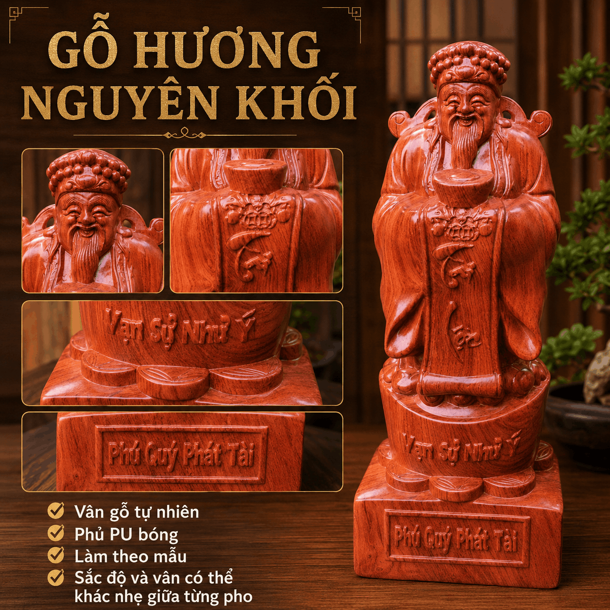 Tượng Thần Tài Gỗ Hương Nguyên Khối Cao 40 cm – Nâng Đĩnh Vàng