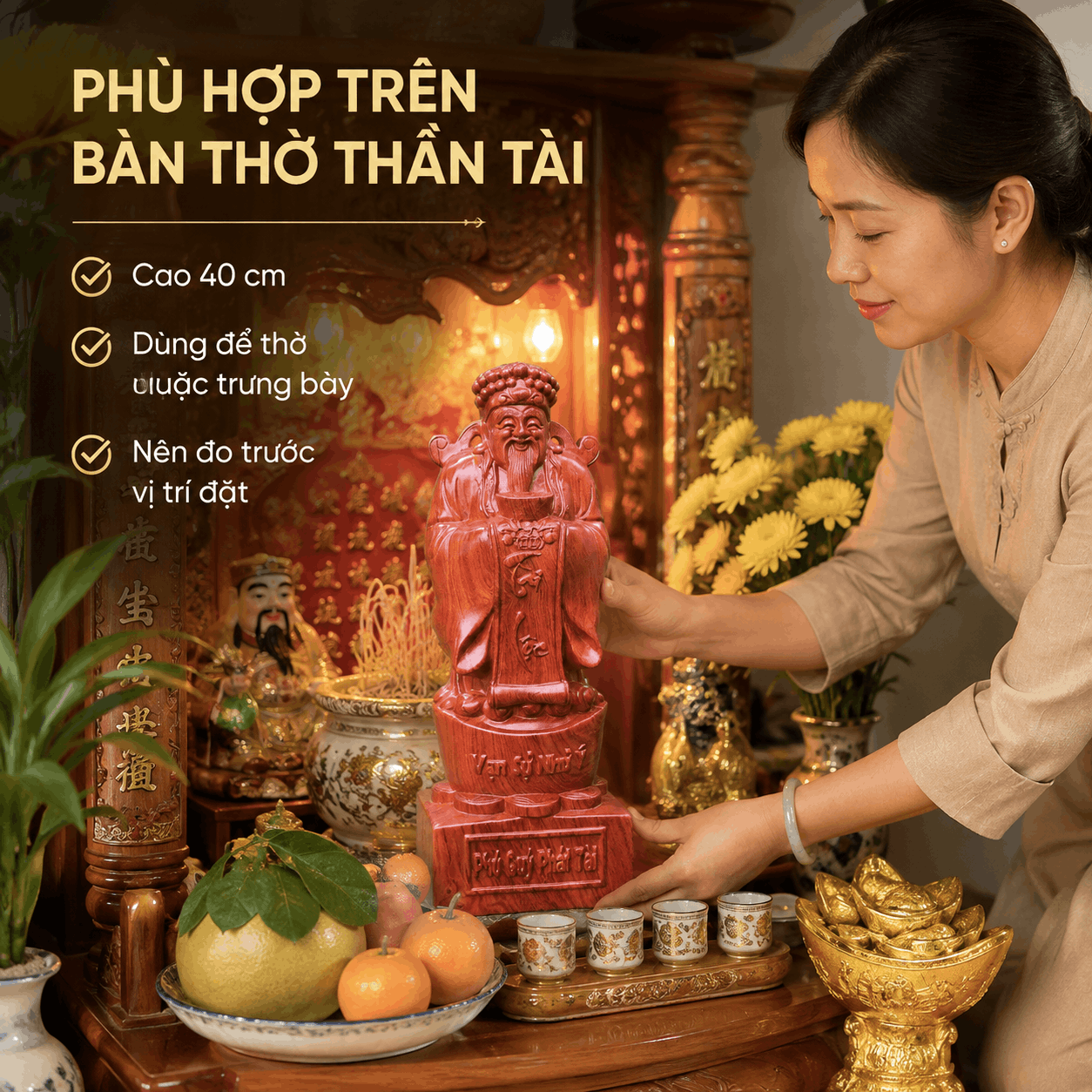 Tượng Thần Tài Gỗ Hương Nguyên Khối Cao 40 cm – Nâng Đĩnh Vàng