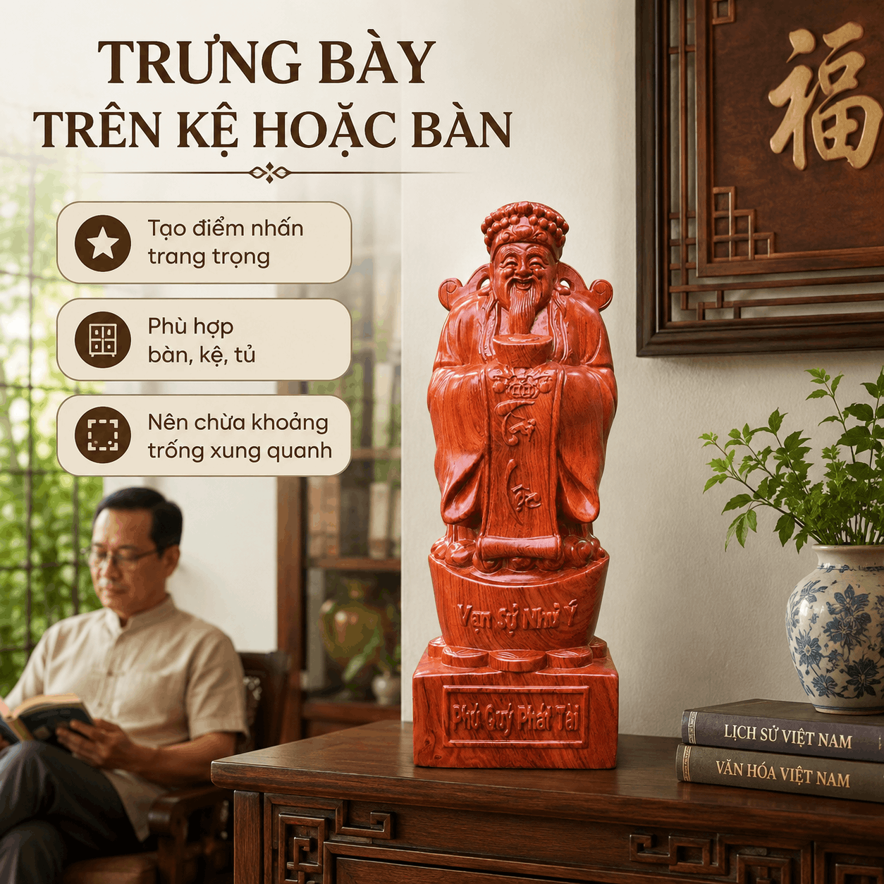 Tượng Thần Tài Gỗ Hương Nguyên Khối Cao 40 cm – Nâng Đĩnh Vàng