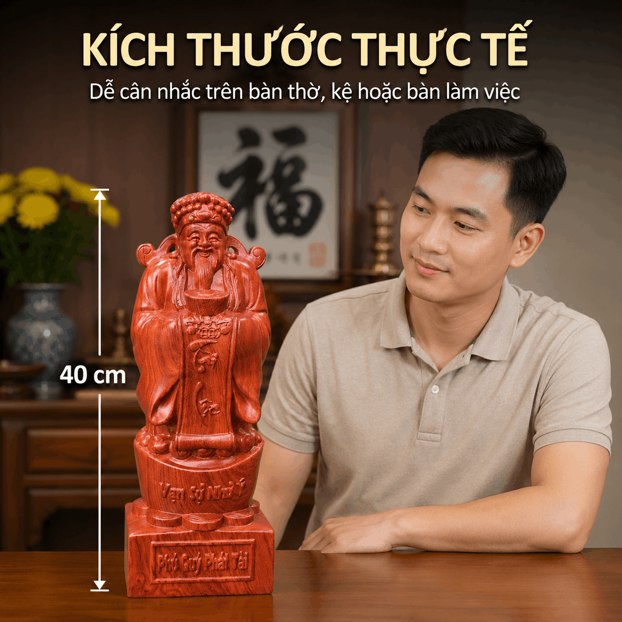Tượng Thần Tài Gỗ Hương Nguyên Khối Cao 40 cm – Nâng Đĩnh Vàng
