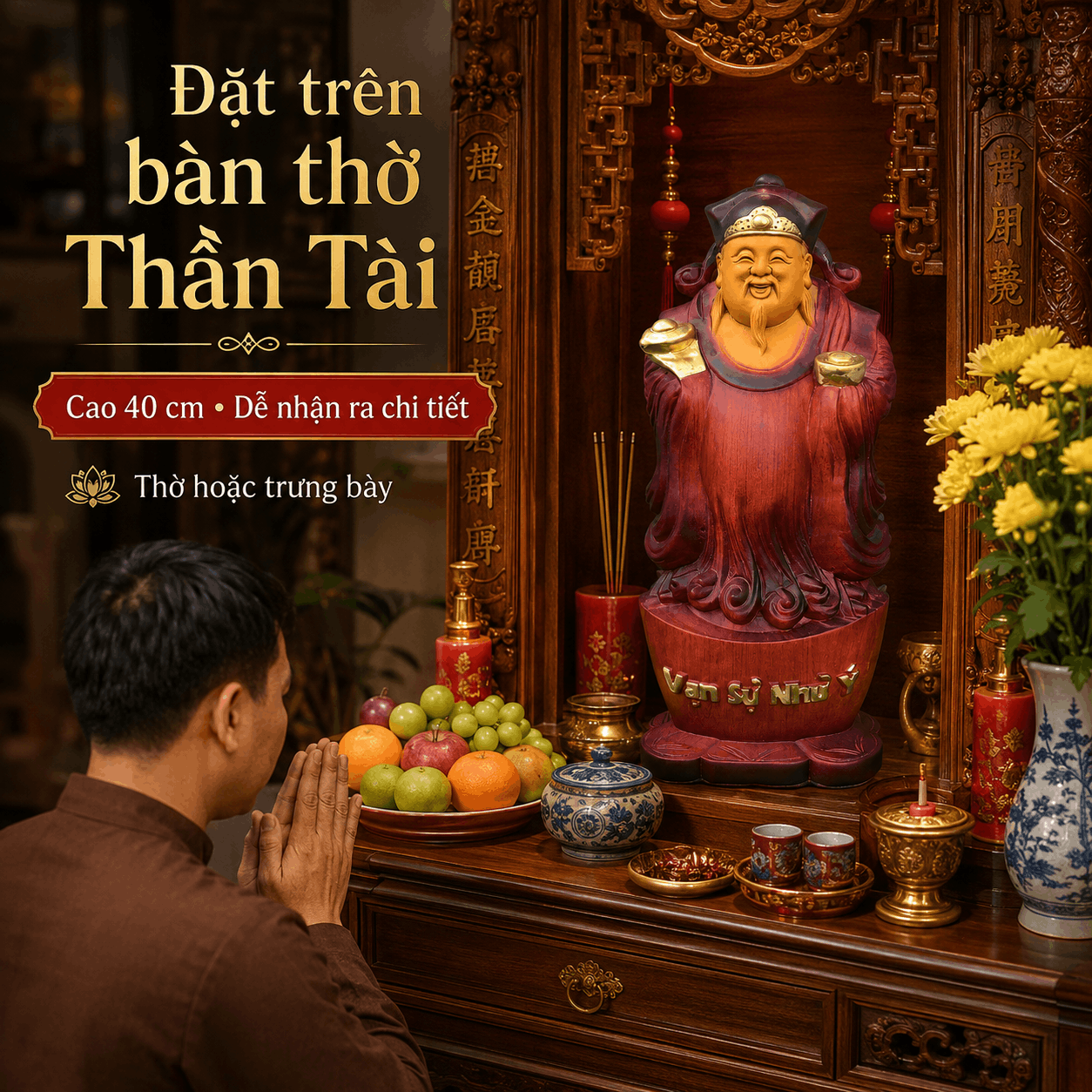 Tượng Thần Tài Gỗ Hương Nguyên Khối Cao 40 cm Phun Giả Cổ