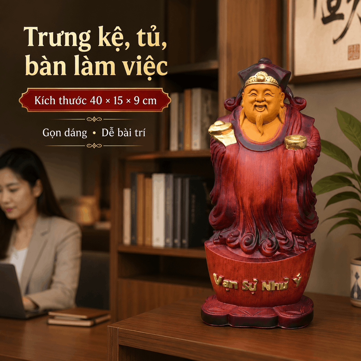 Tượng Thần Tài Gỗ Hương Nguyên Khối Cao 40 cm Phun Giả Cổ