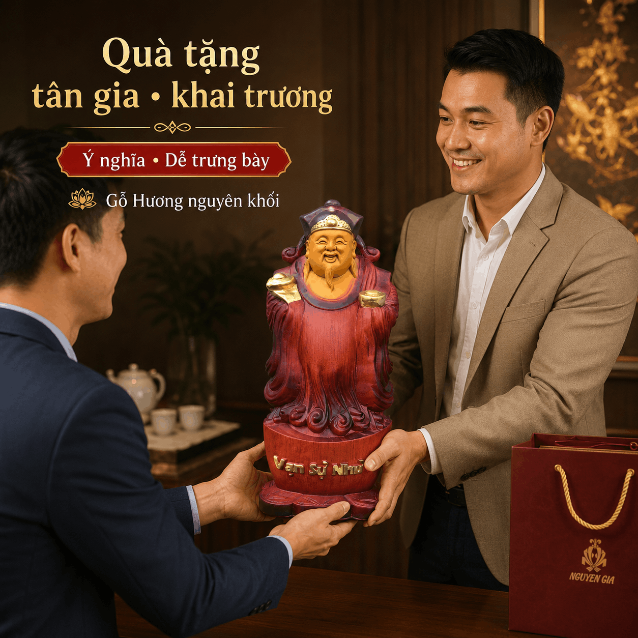 Tượng Thần Tài Gỗ Hương Nguyên Khối Cao 40 cm Phun Giả Cổ