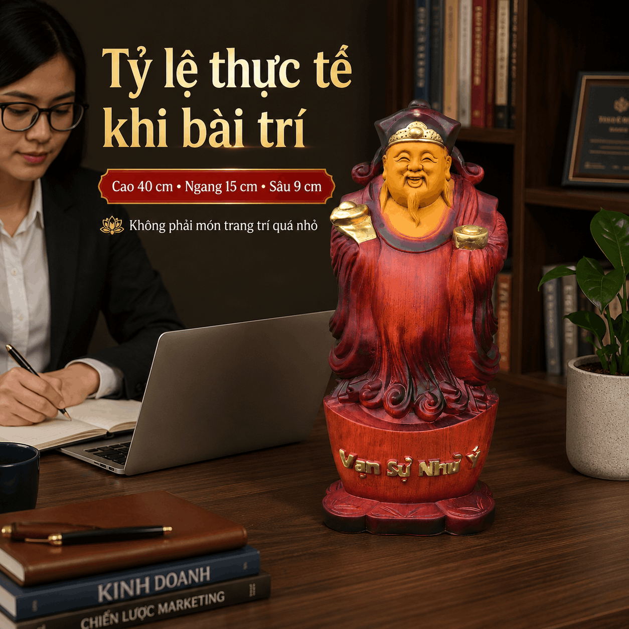 Tượng Thần Tài Gỗ Hương Nguyên Khối Cao 40 cm Phun Giả Cổ