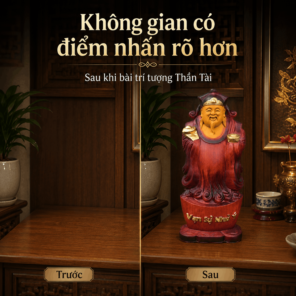 Tượng Thần Tài Gỗ Hương Nguyên Khối Cao 40 cm Phun Giả Cổ