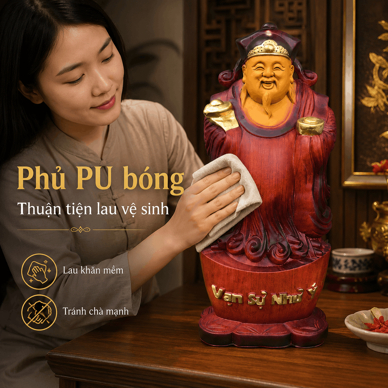 Tượng Thần Tài Gỗ Hương Nguyên Khối Cao 40 cm Phun Giả Cổ